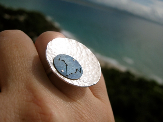 Pisces Zodiac Constellation Titanium and Silver Full Moon Ring - Star Map Design