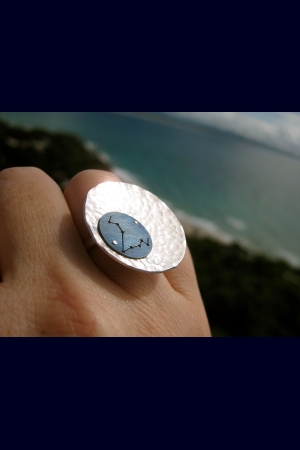 Pisces Zodiac Constellation Titanium and Silver Full Moon Ring - Star Map Design