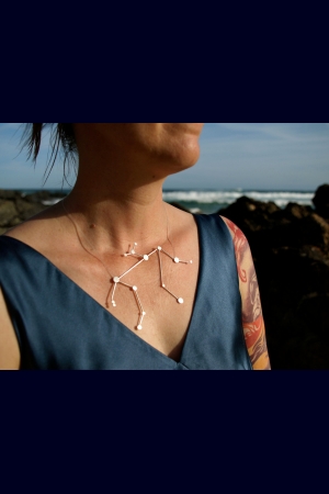 Aquarius Zodiac Constellation Sterling Silver Necklace on Rubber Cord